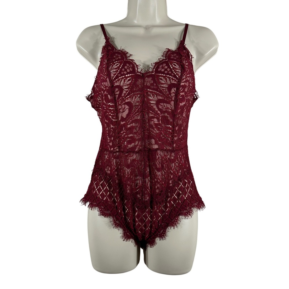 Vera‎ & Lucy Womens Burgundy Lace Bodysuit Eyelash Trim V-Neck Lined Size S/M